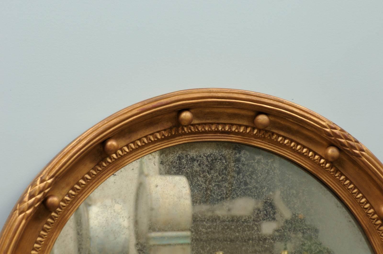 Contemporary Girandole Bullseye Gilded Wood Circular Mirror with Antiqued Glass