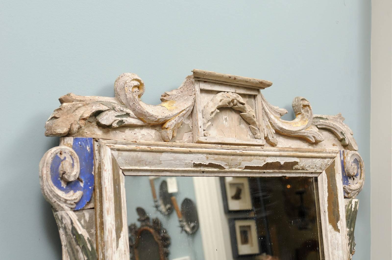 Painted Italian 19th Century Carved Wood Mirror with Volutes Motifs and Blue Accents