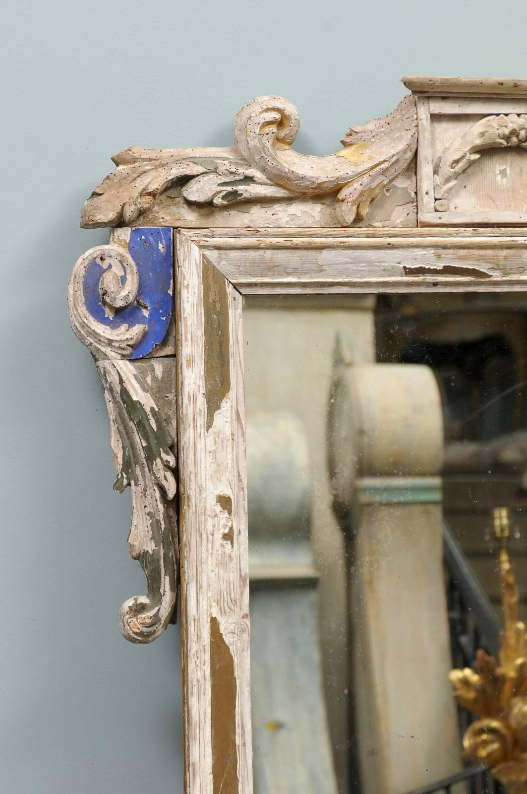 Italian 19th Century Carved Wood Mirror with Volutes Motifs and Blue Accents In Good Condition In Atlanta, GA