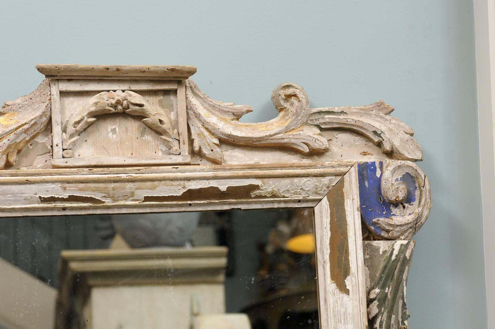 Italian 19th Century Carved Wood Mirror with Volutes Motifs and Blue Accents 1