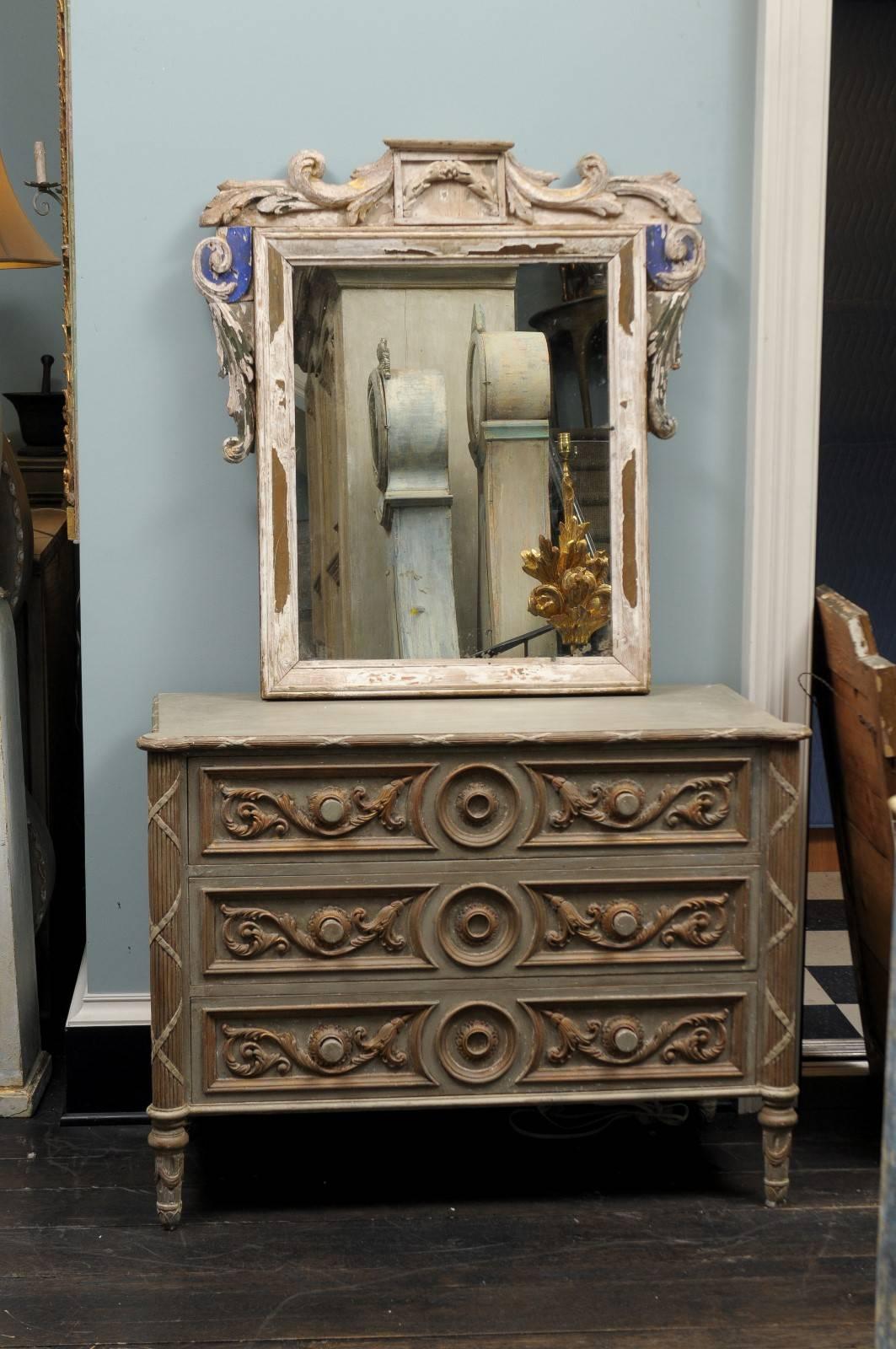 Italian 19th Century Carved Wood Mirror with Volutes Motifs and Blue Accents 5