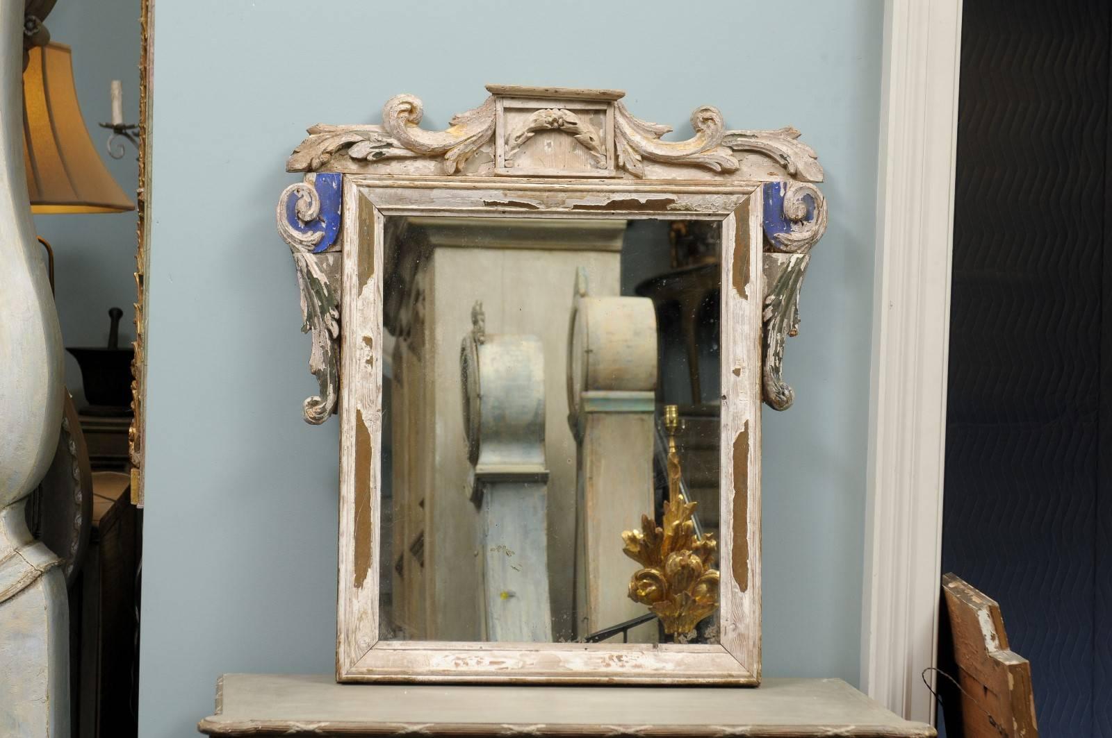 Italian 19th Century Carved Wood Mirror with Volutes Motifs and Blue Accents 4