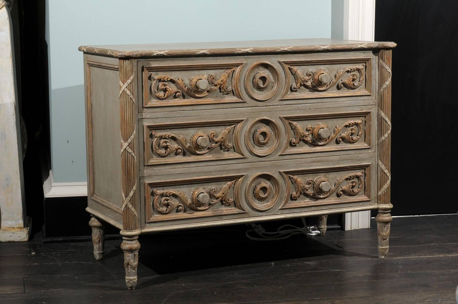 Louis XVI Vintage Grey Green Painted Wood Three-Drawer Chest with Rinceaux Motifs