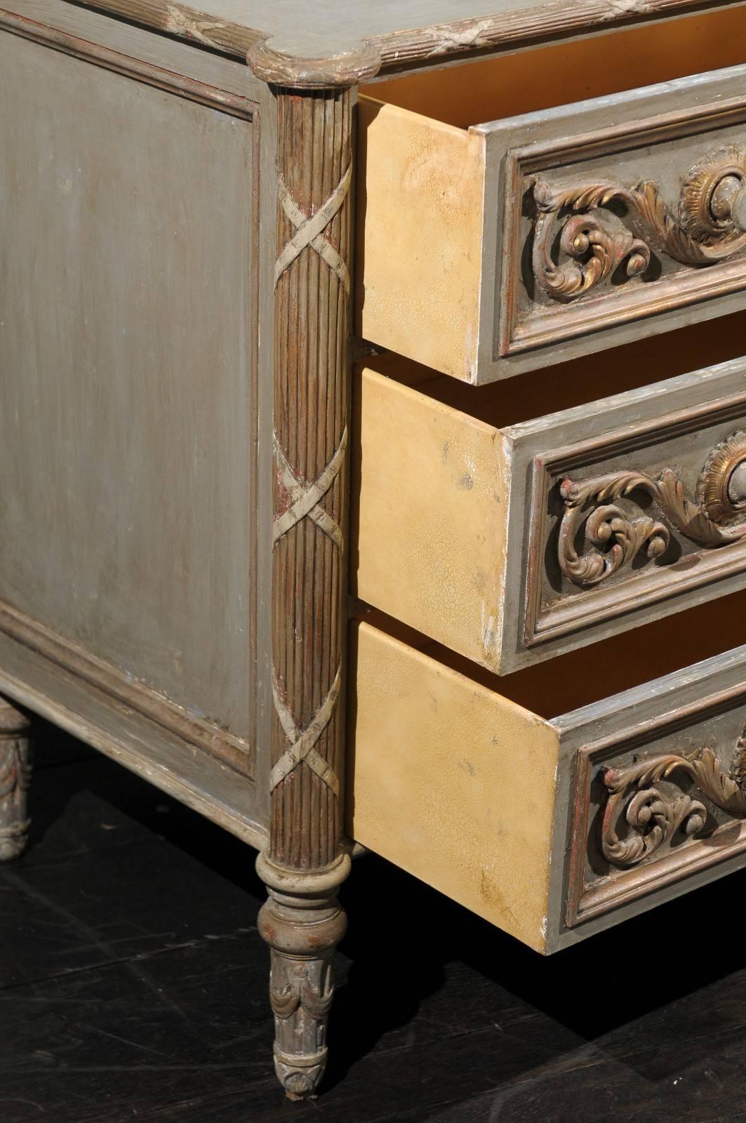 Vintage Grey Green Painted Wood Three-Drawer Chest with Rinceaux Motifs 2