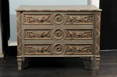 Vintage Grey Green Painted Wood Three-Drawer Chest with Rinceaux Motifs