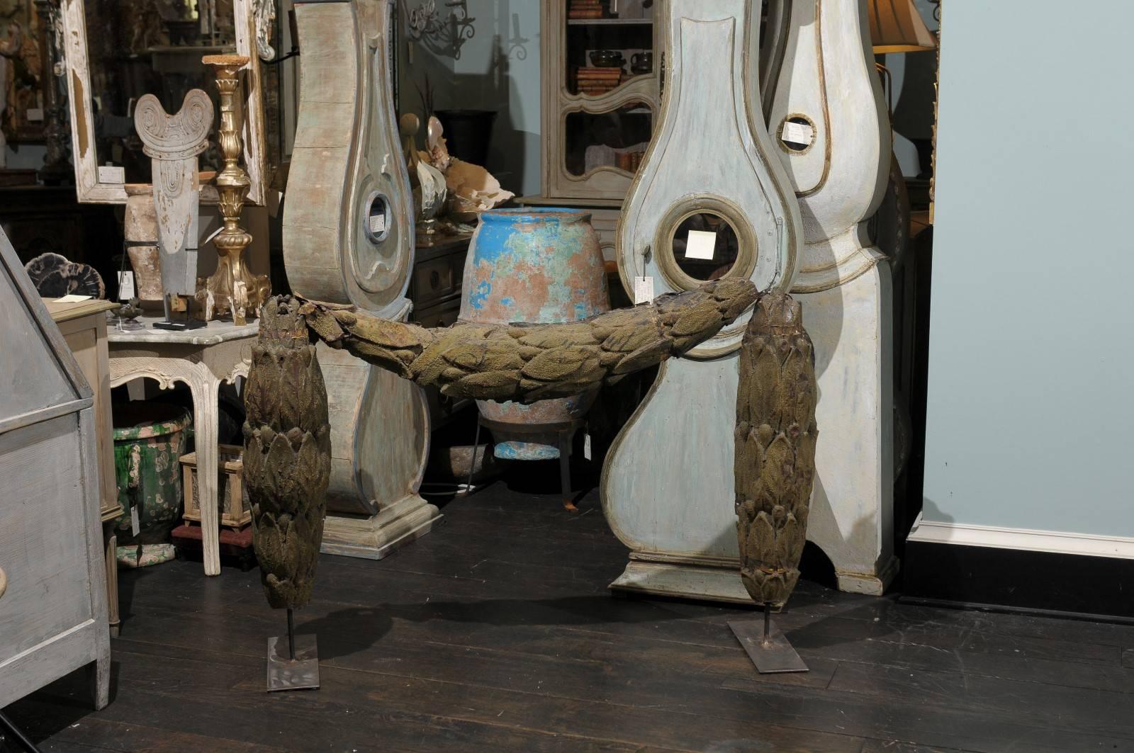 Neoclassical A Large Swedish 18th C. Tole Swag Architectural Element Mounted on Metal Stand For Sale