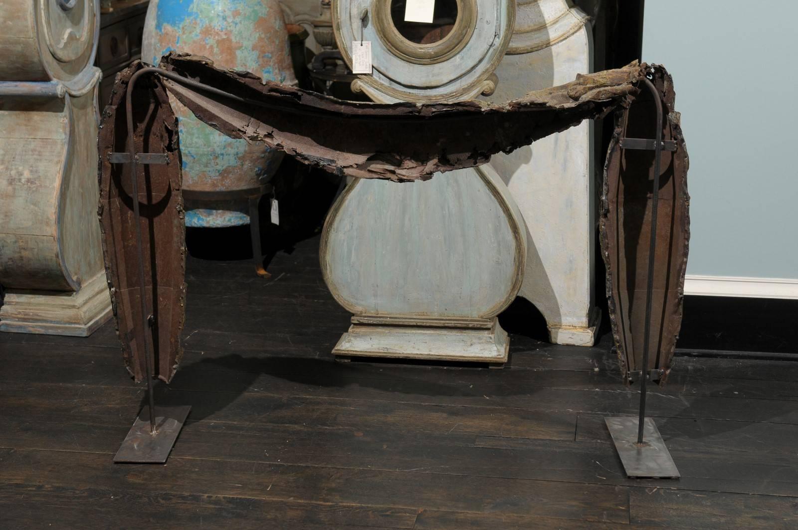 Painted A Large Swedish 18th C. Tole Swag Architectural Element Mounted on Metal Stand For Sale