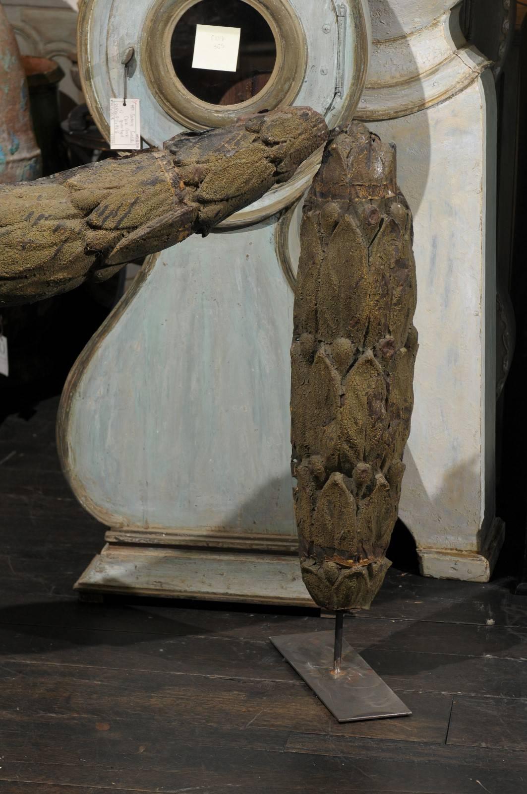 A Large Swedish 18th C. Tole Swag Architectural Element Mounted on Metal Stand In Good Condition For Sale In Atlanta, GA