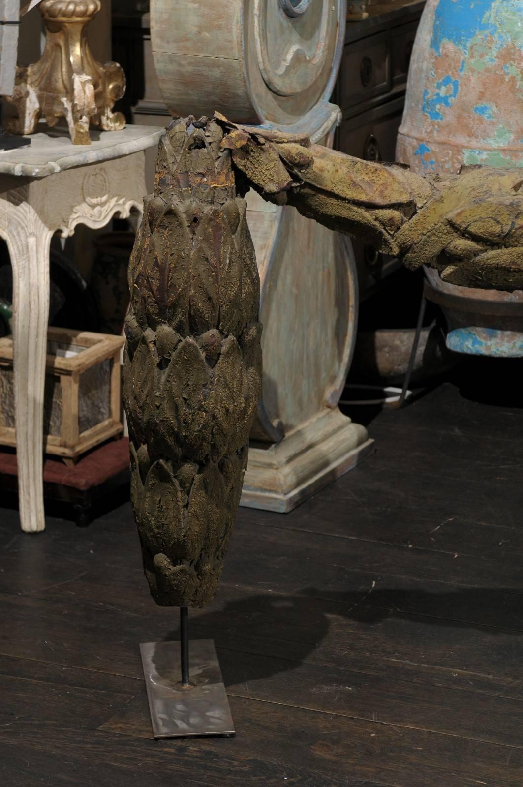 Painted A Large Swedish 18th C. Tole Swag Architectural Element Mounted on Metal Stand For Sale
