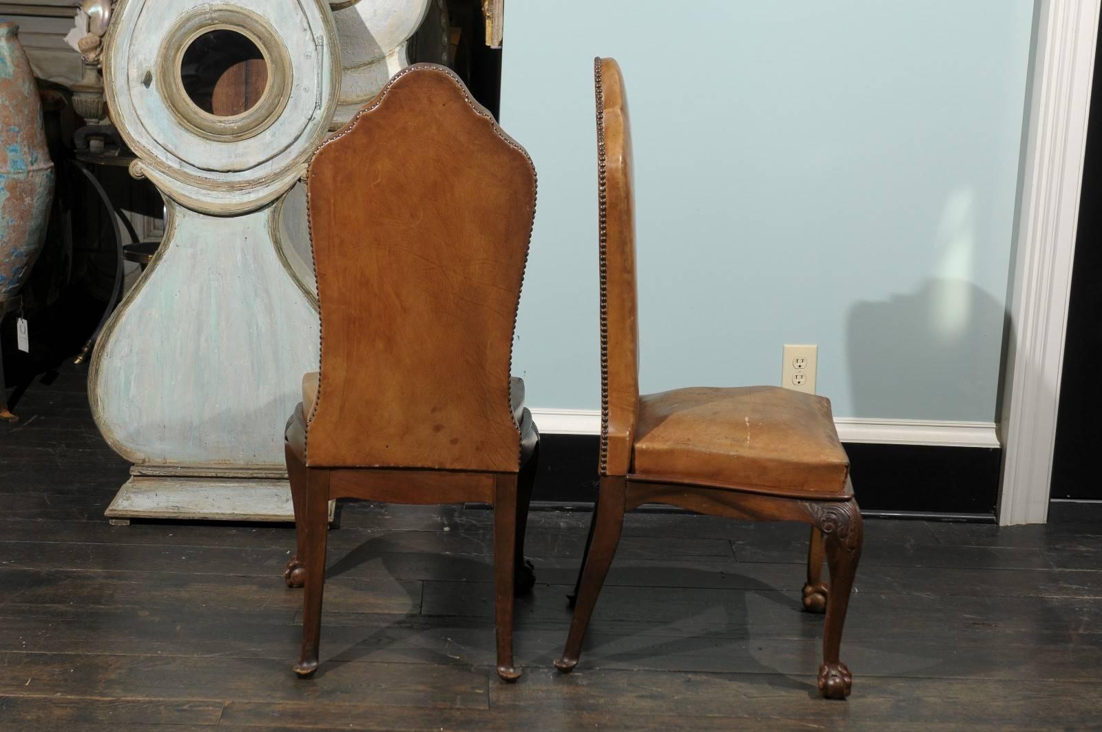 Set of Eight 19th Century William and Mary Style Brown Leather Chairs 1