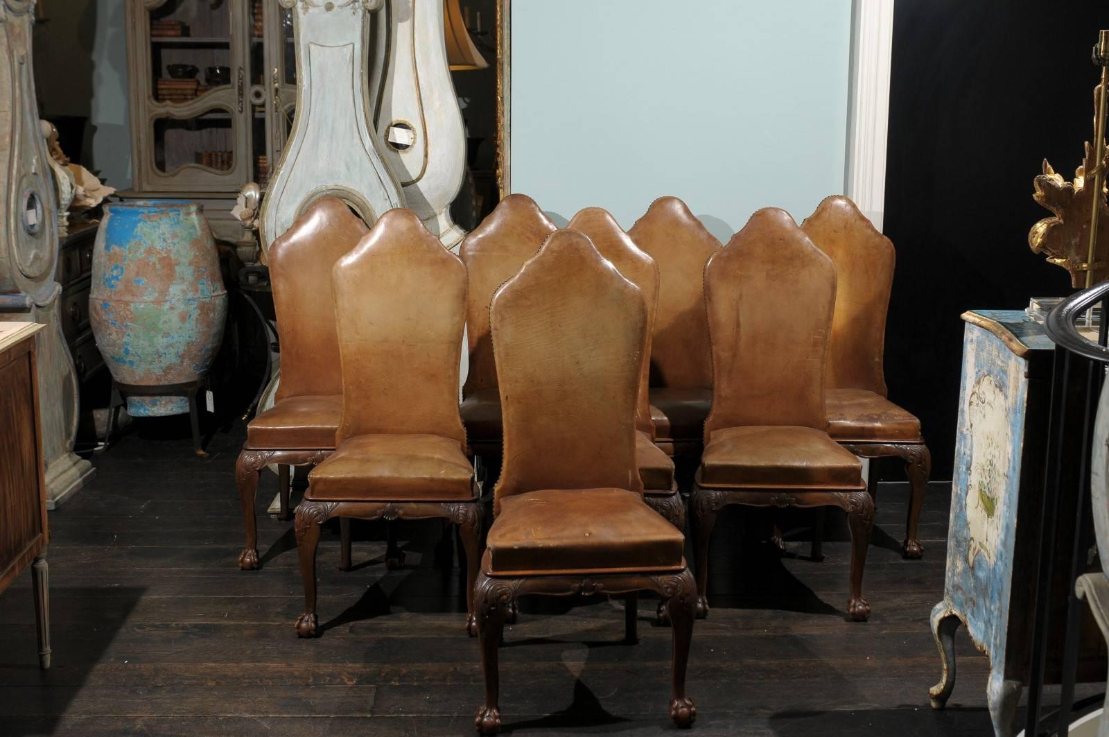 Italian Set of Eight 19th Century William and Mary Style Brown Leather Chairs