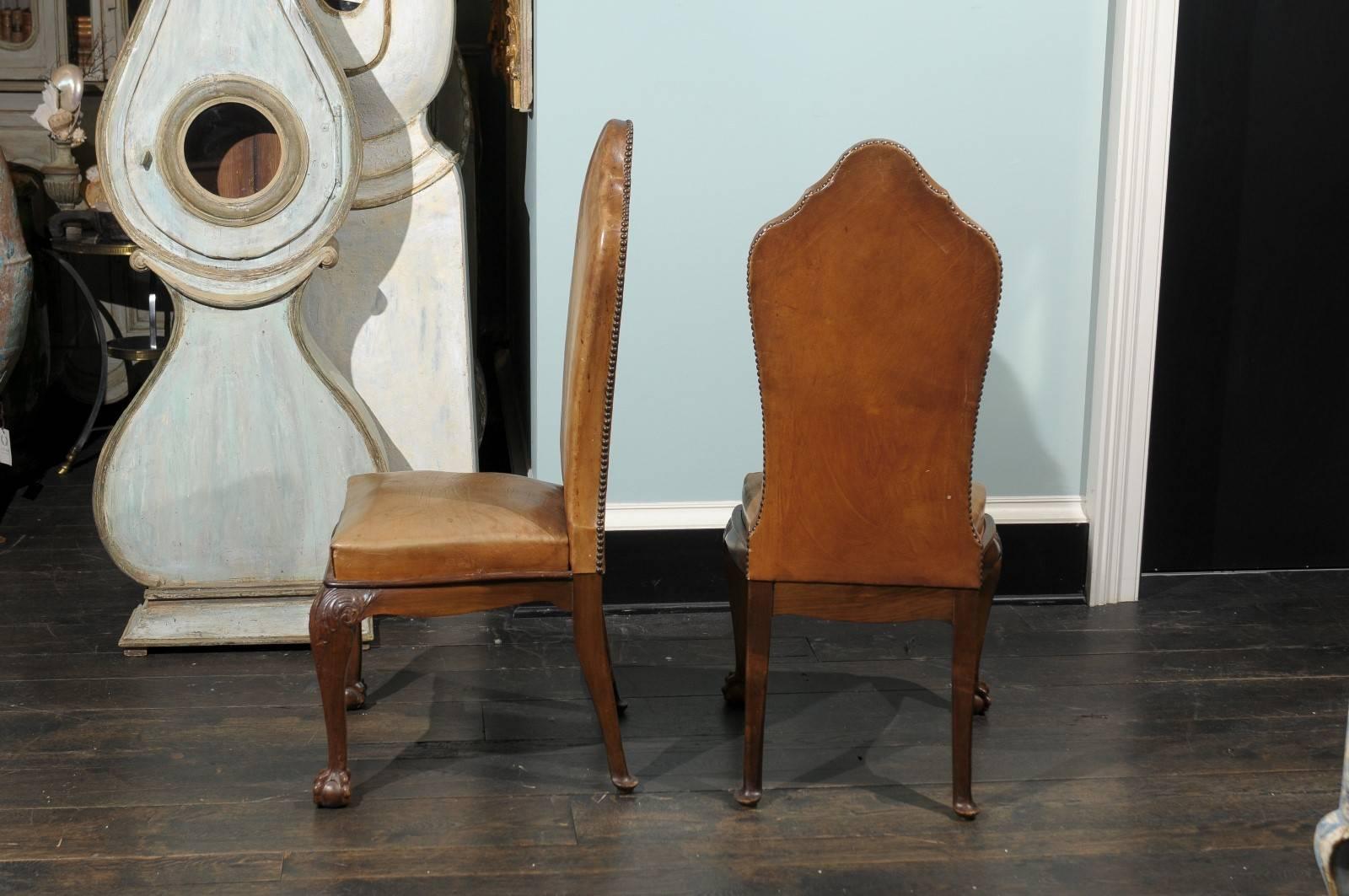Set of Eight 19th Century William and Mary Style Brown Leather Chairs 2