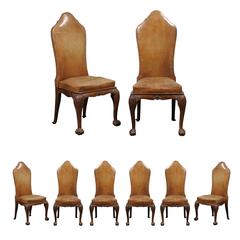 Set of Eight 19th Century William and Mary Style Brown Leather Chairs