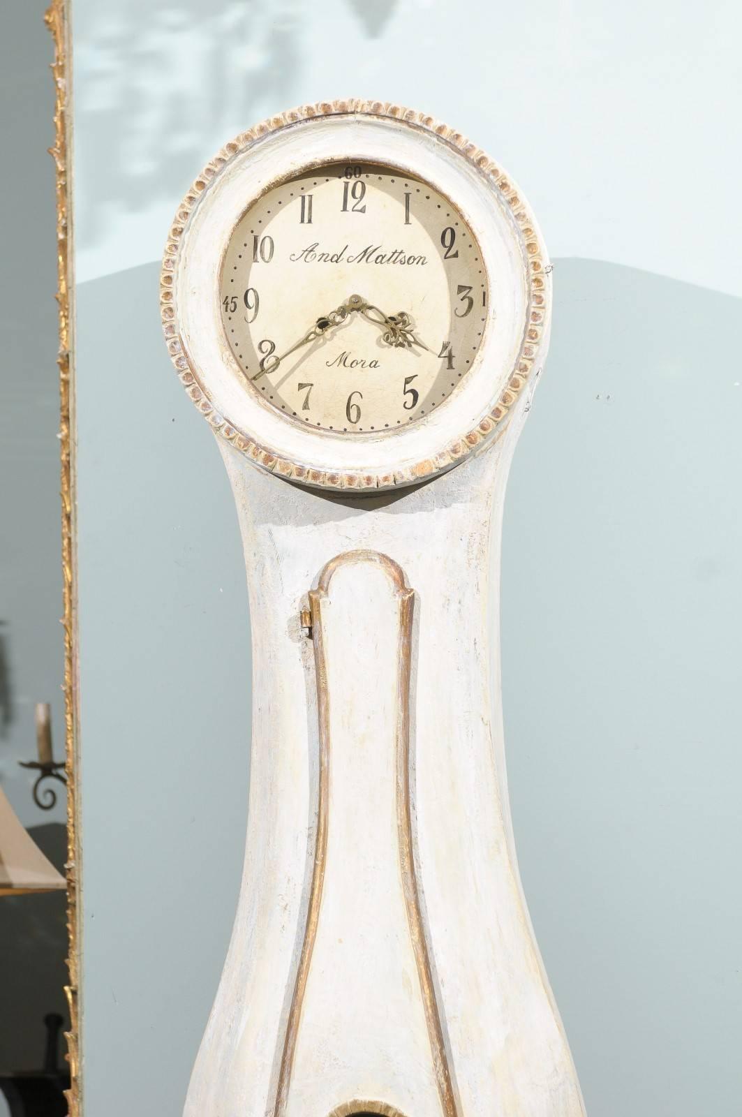 Swedish 19th Century Wooden Clock with White Color and Subtle Blue Undertone In Good Condition In Atlanta, GA