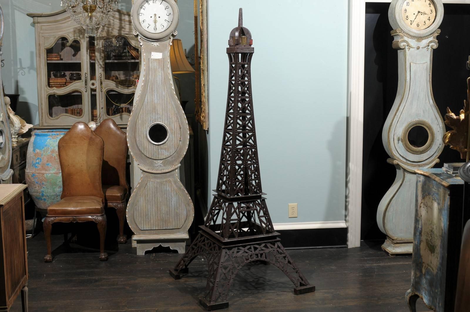 Painted 6.5 Ft. Tall Heavy Iron Statue Replica of the Eiffel Tower, Recycle Vintage Iron For Sale