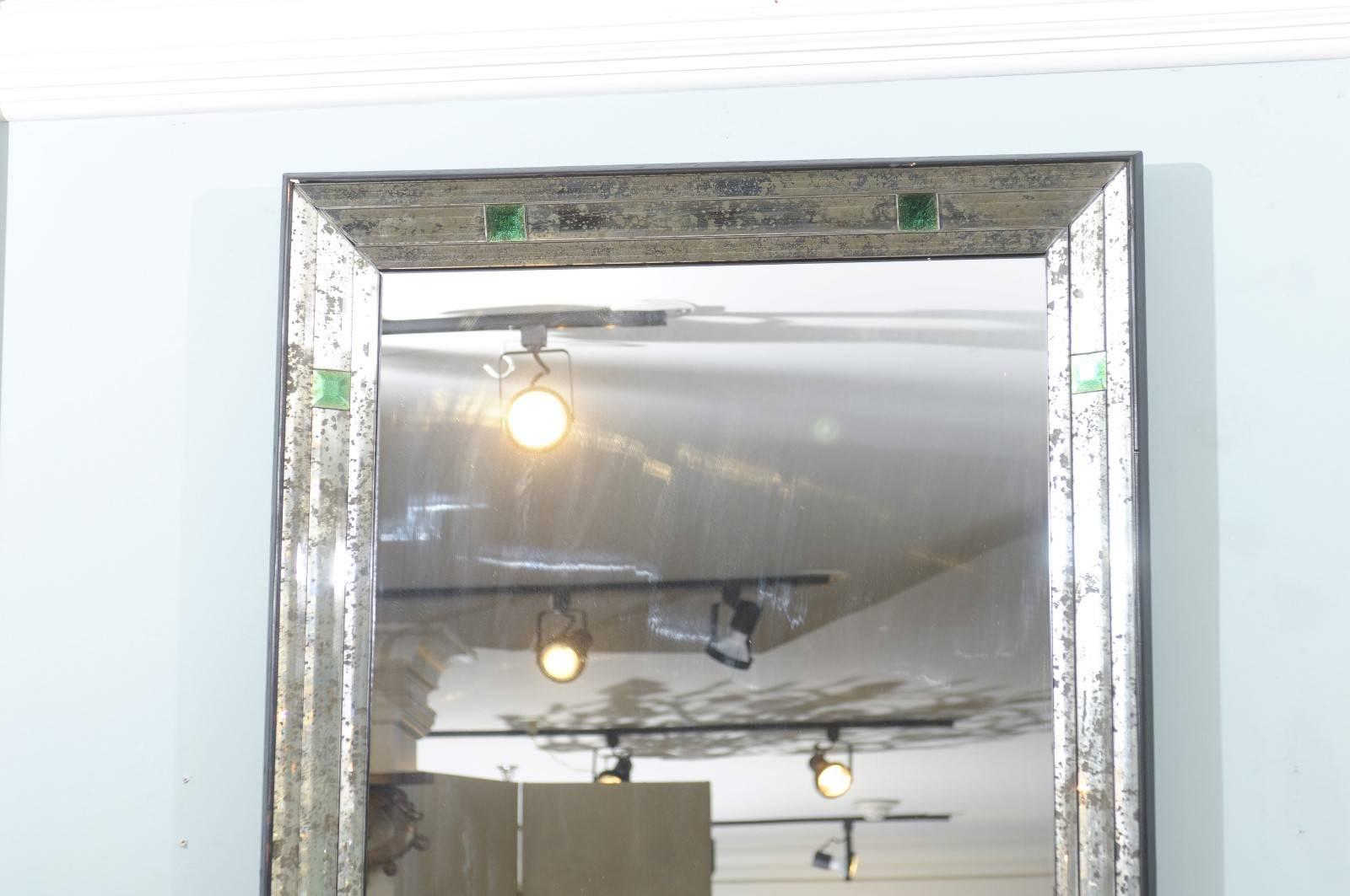 American Antiqued Rectangular Mirror with Green Eglomisés Accents