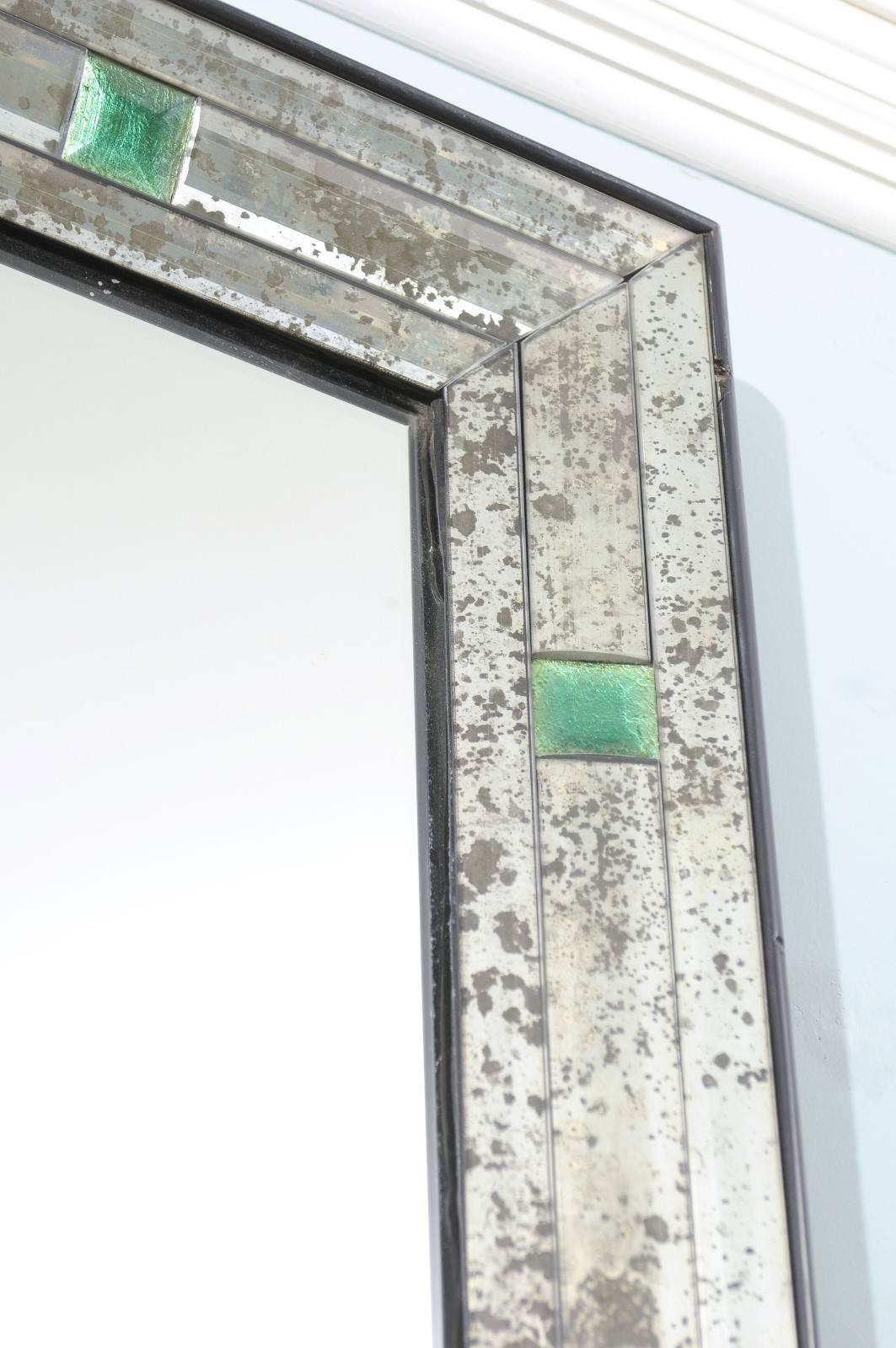 Antiqued Rectangular Mirror with Green Eglomisés Accents In Good Condition In Atlanta, GA