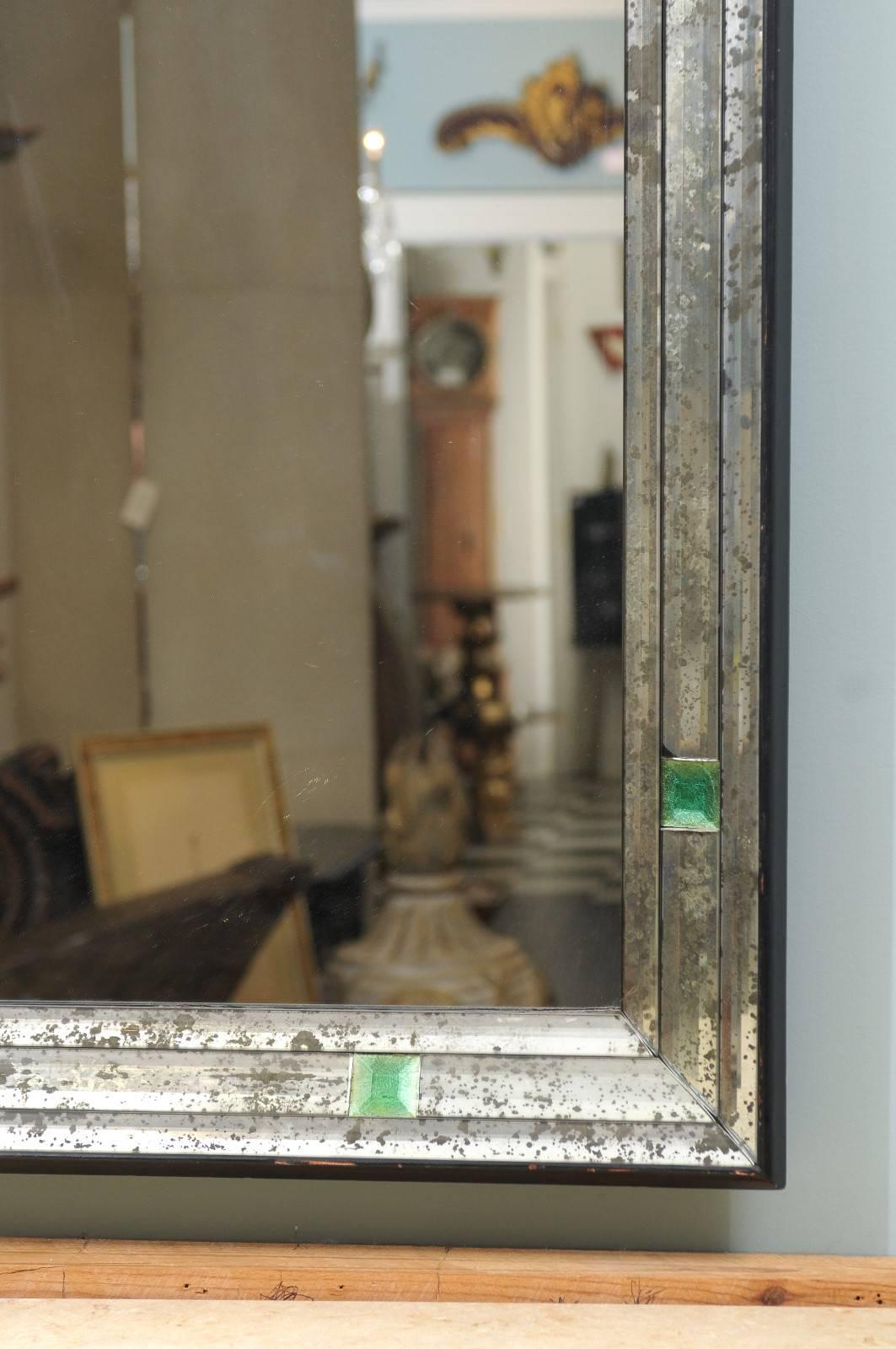 Contemporary Antiqued Rectangular Mirror with Green Eglomisés Accents