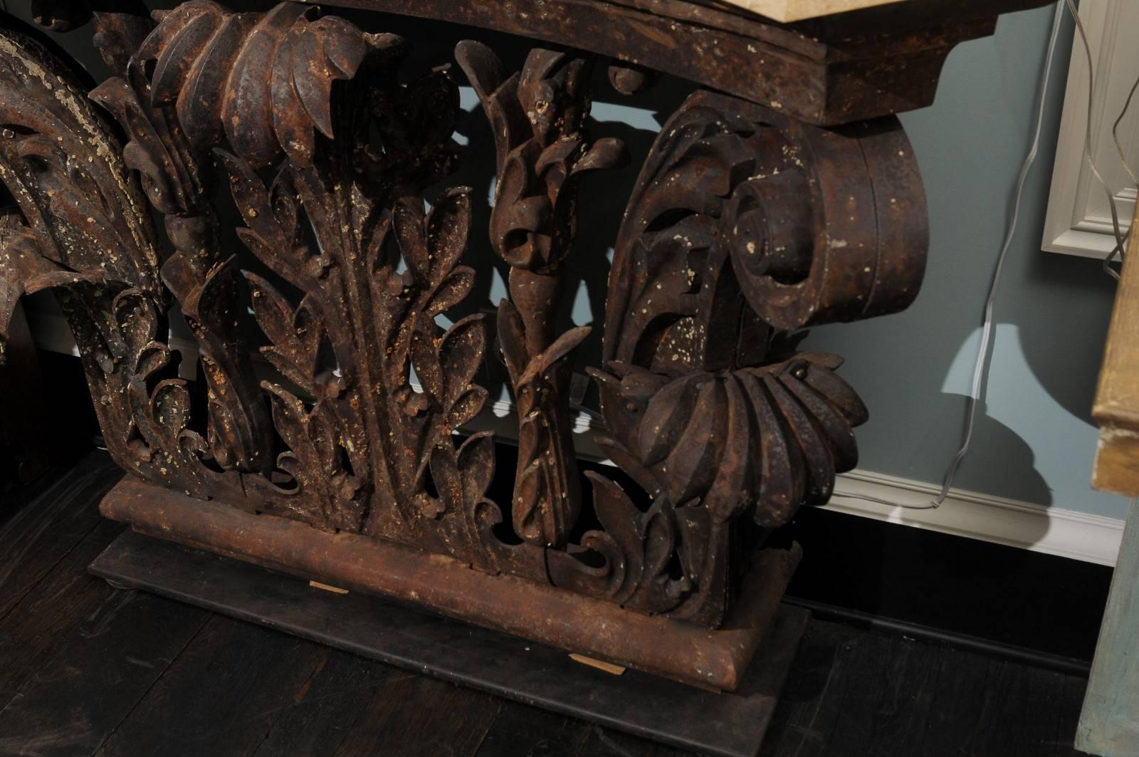 American Iron Console Table Made of Architectural Corinthian Base and Travertine Top