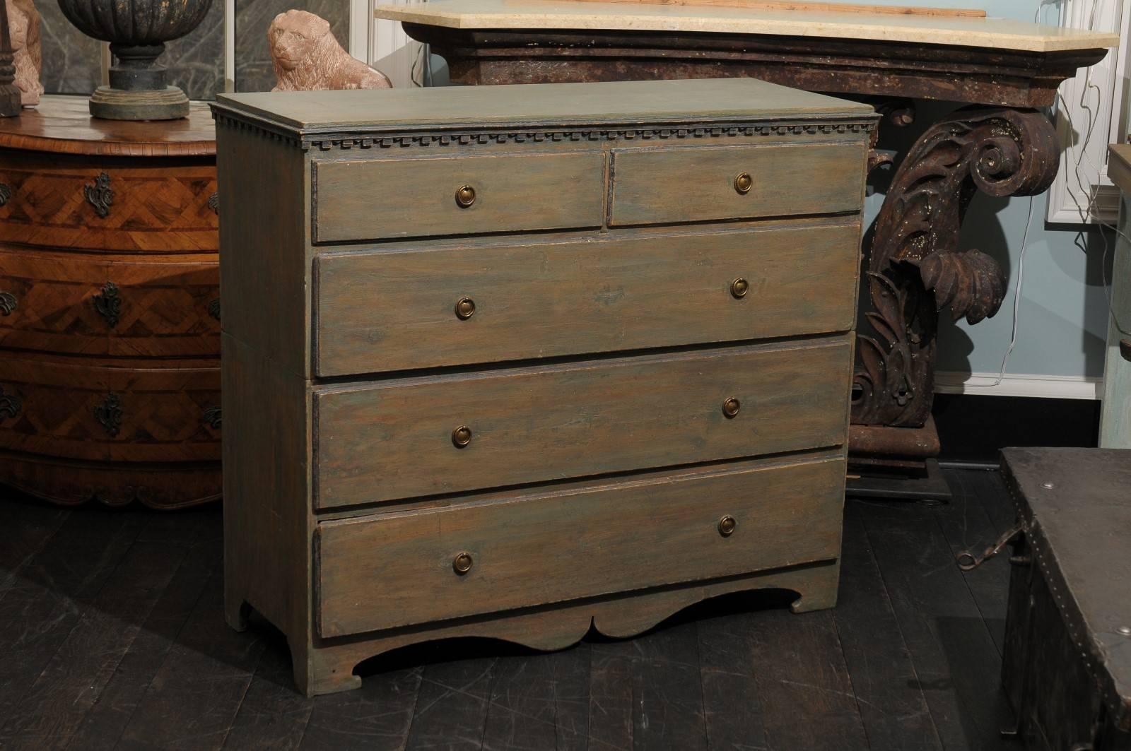 Brass Swedish 19th Century Karl Johan Five-Drawer Chest with Grey Green Color