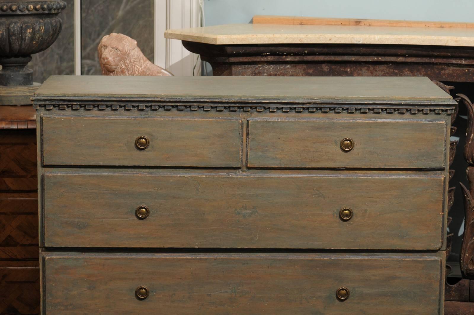 Hand-Painted Swedish 19th Century Karl Johan Five-Drawer Chest with Grey Green Color