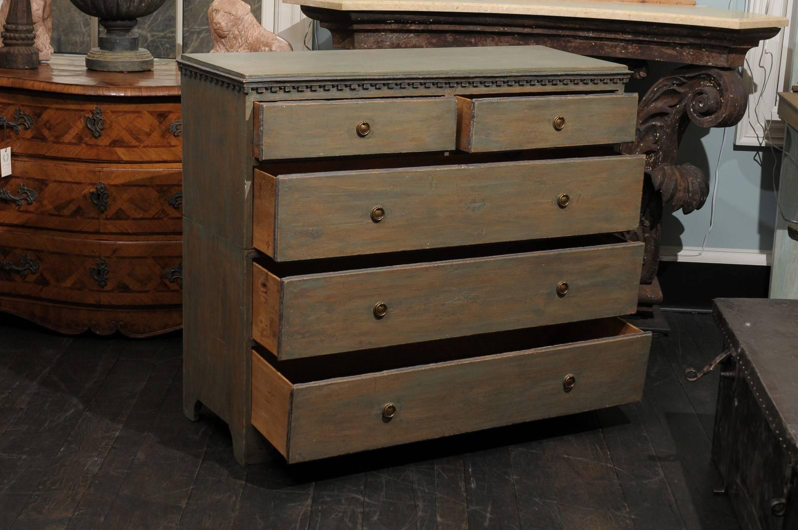 Swedish 19th Century Karl Johan Five-Drawer Chest with Grey Green Color 2