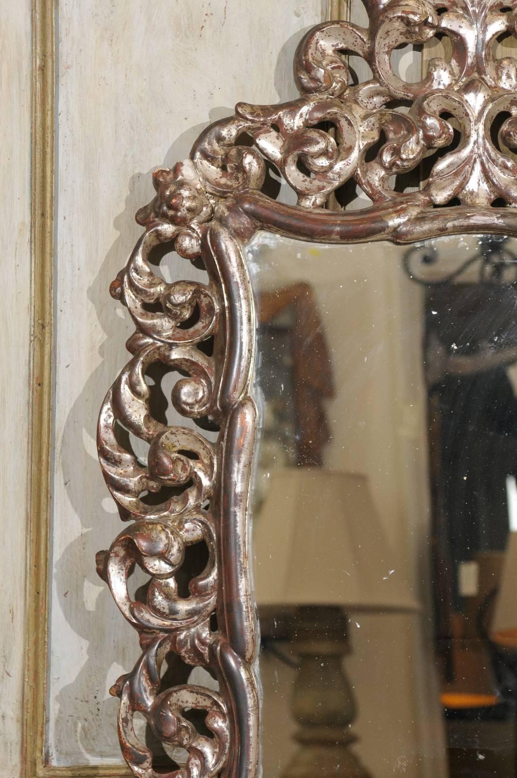 Wood Ornately Carved Italian Mirror in Warm Bronze Color with Silver Accents For Sale