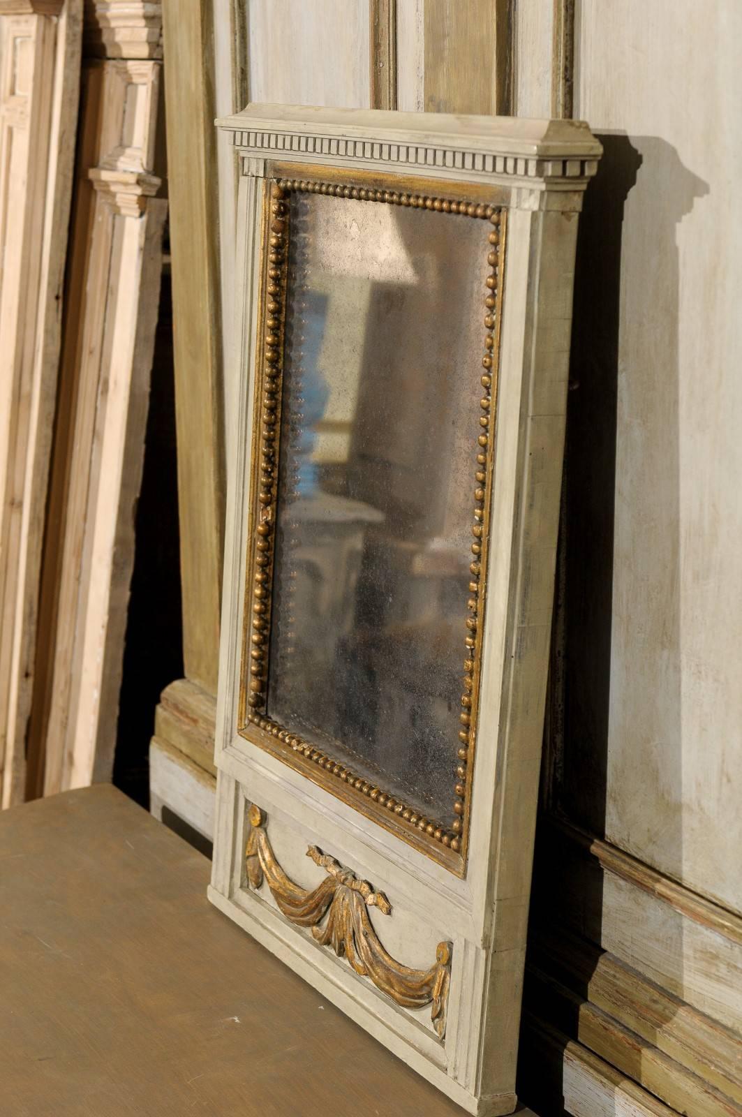 Painted French Mirror in Small Size with Antiqued Glass and Gold Swag Motif on Beige For Sale