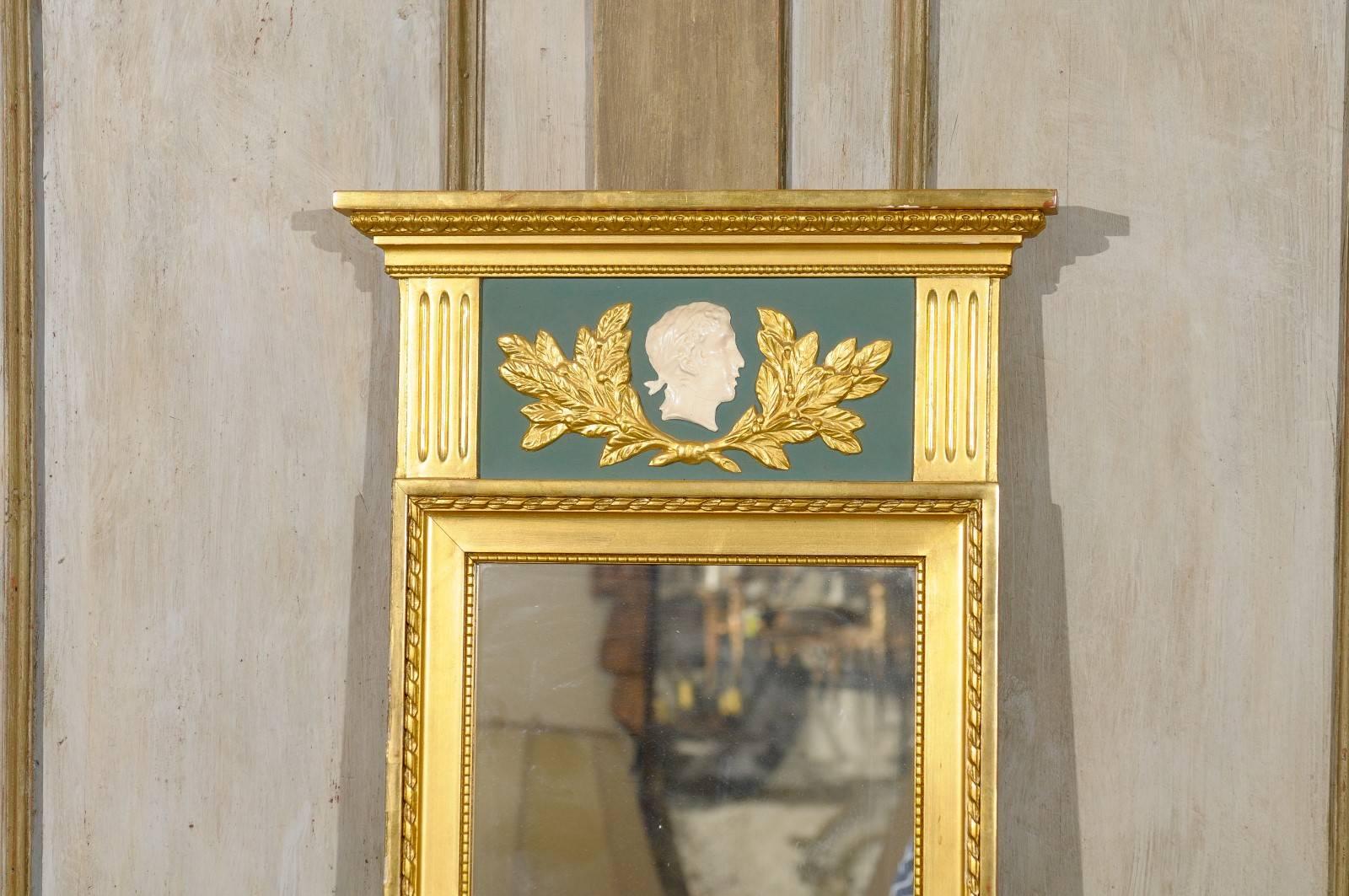 Gilt Swedish Neoclassical Style Gilded & Green Mirror with Beaded and Fluted Elements