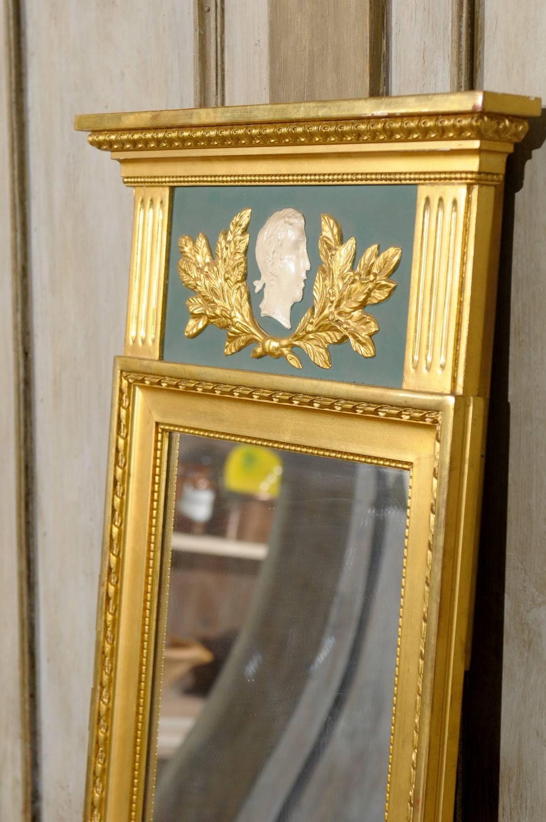 Wood Swedish Neoclassical Style Gilded & Green Mirror with Beaded and Fluted Elements