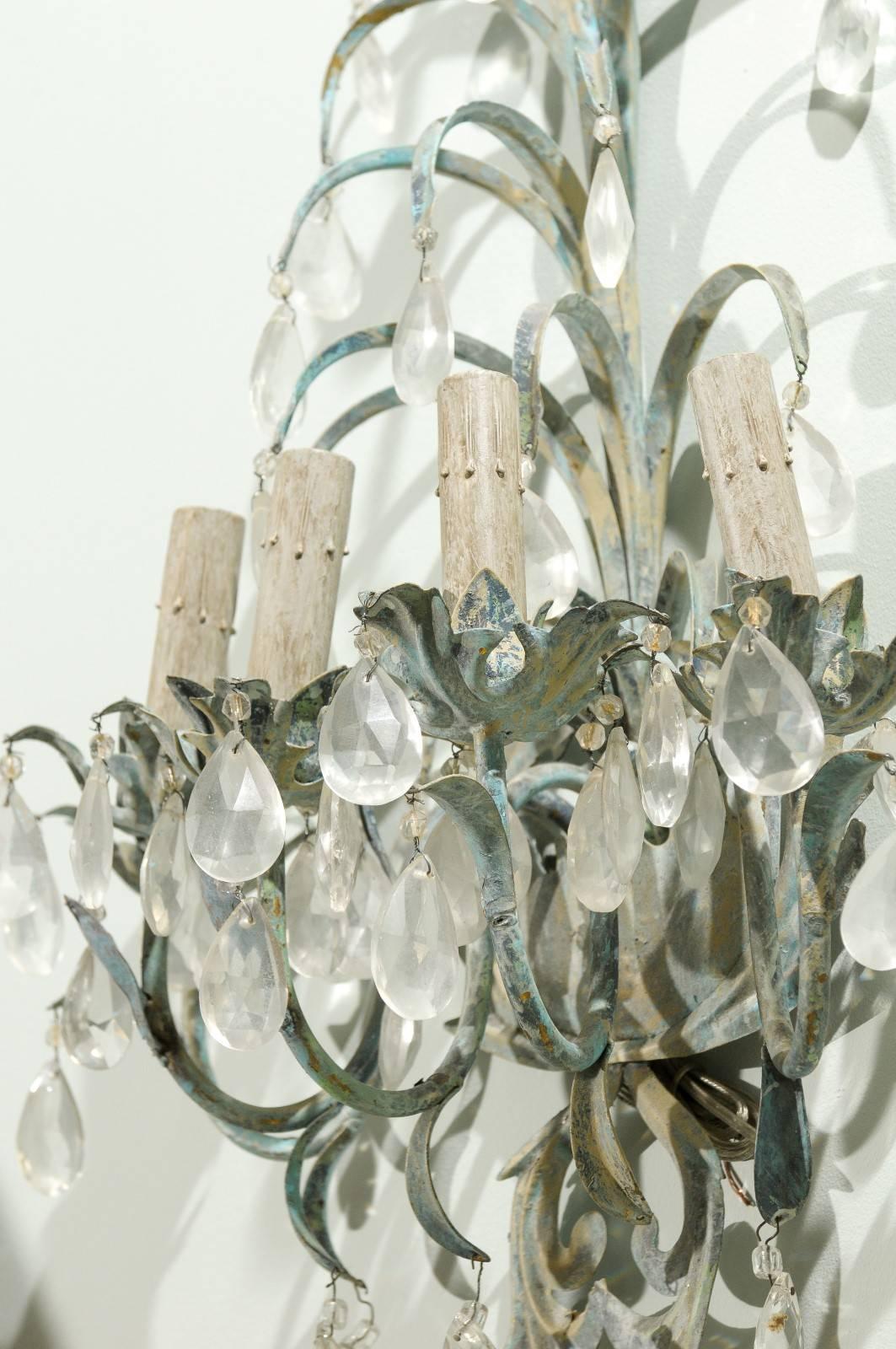 French Vintage Painted Metal and Crystal Five-Light Sconces In Good Condition For Sale In Atlanta, GA