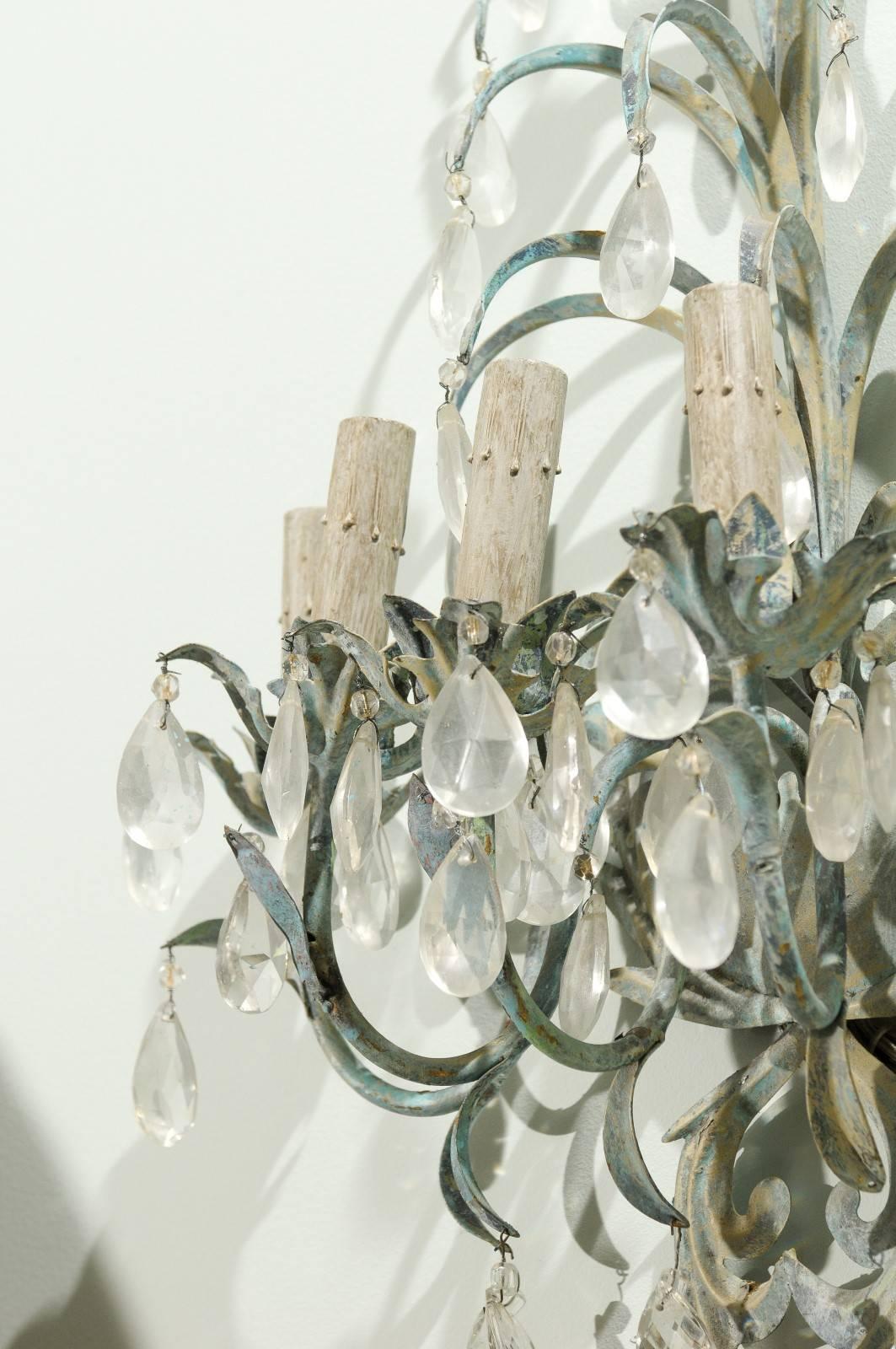 20th Century French Vintage Painted Metal and Crystal Five-Light Sconces For Sale