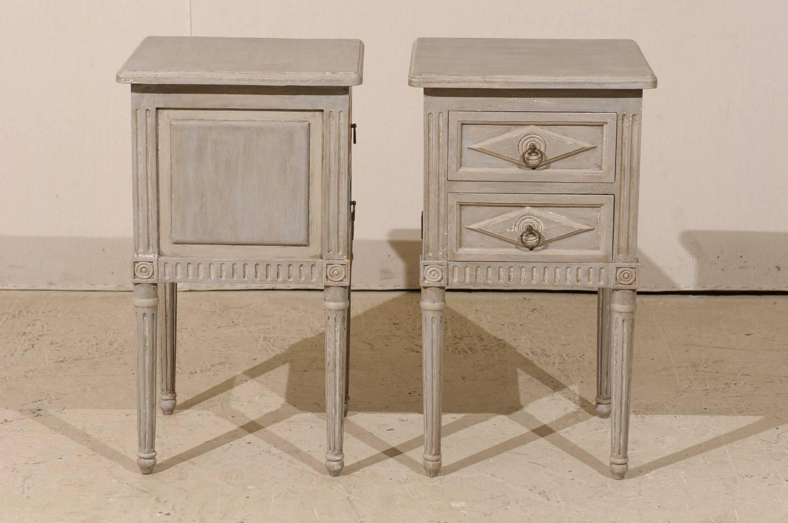 Pair of Small Sized Two-Drawer Painted Wood Nightstand Tables in Neutral Grey In Good Condition In Atlanta, GA