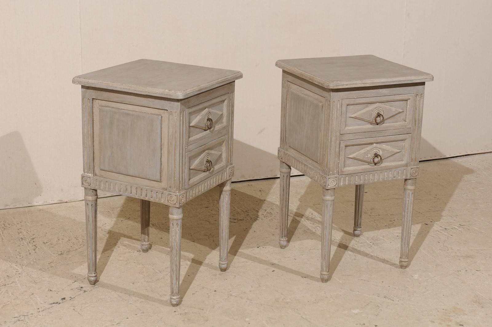 Contemporary Pair of Small Sized Two-Drawer Painted Wood Nightstand Tables in Neutral Grey