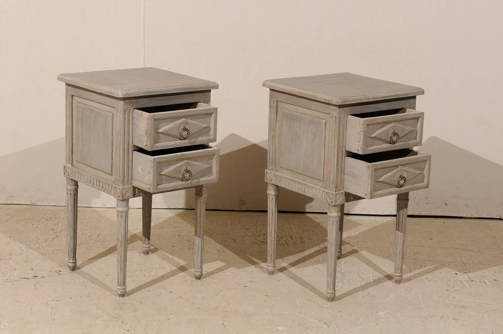 Pair of Small Sized Two-Drawer Painted Wood Nightstand Tables in Neutral Grey 4
