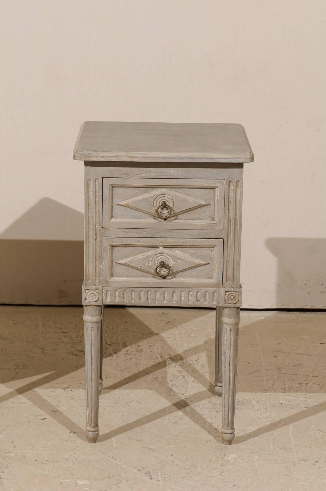 Pair of Small Sized Two-Drawer Painted Wood Nightstand Tables in Neutral Grey 2