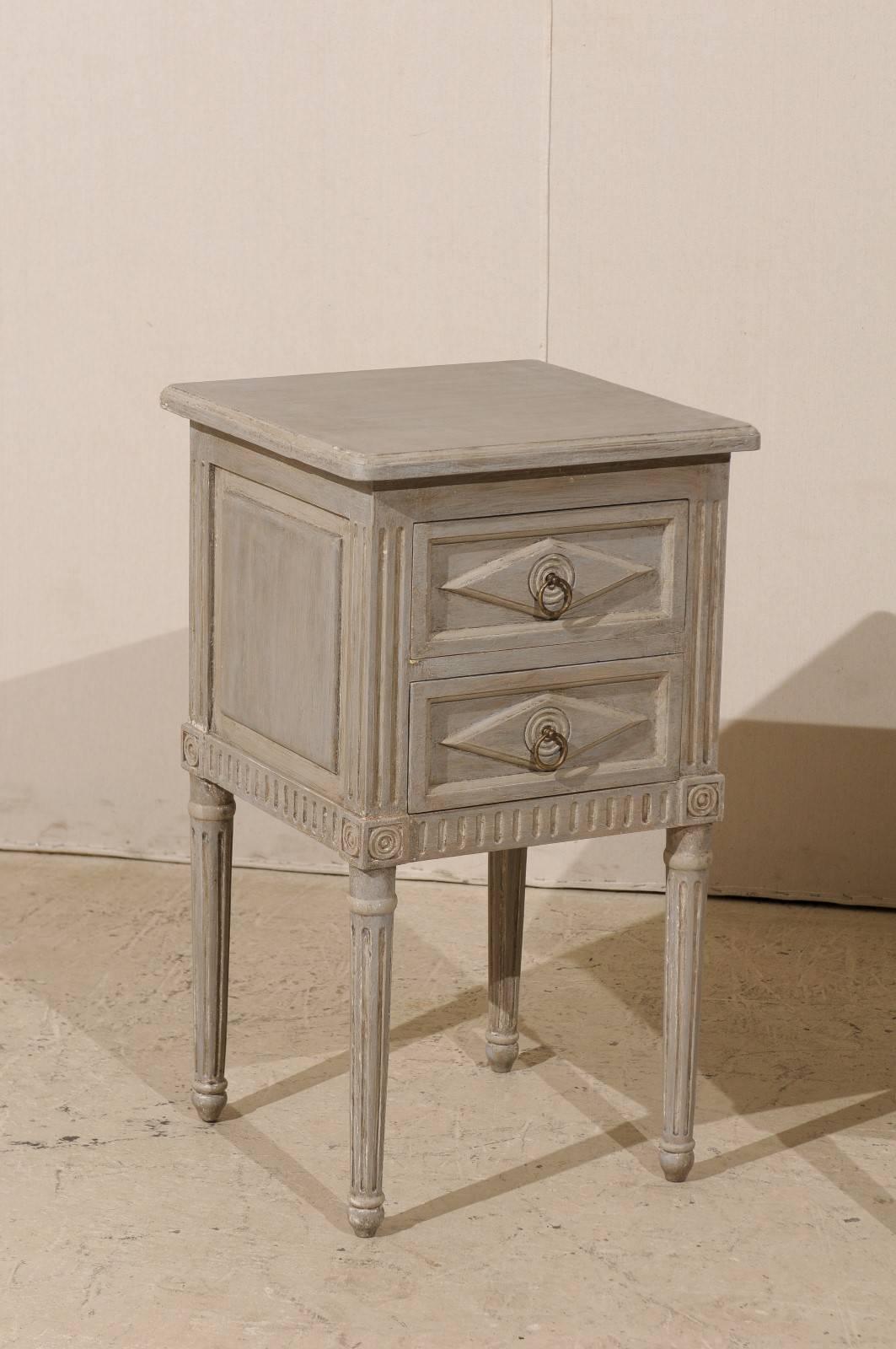 Pair of Small Sized Two-Drawer Painted Wood Nightstand Tables in Neutral Grey 3