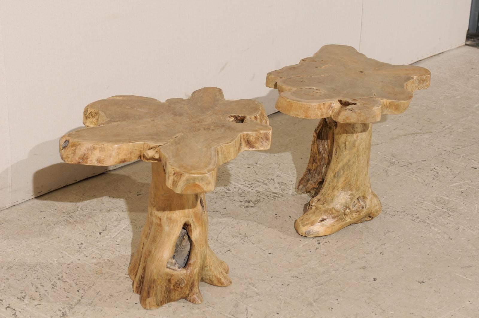 Pair of Teak Root Drink or Side Tables with Natural Finish from India, Tan Color 2
