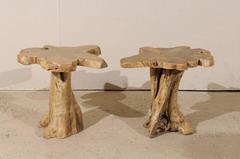 Pair of Teak Root Drink or Side Tables with Natural Finish from India, Tan Color