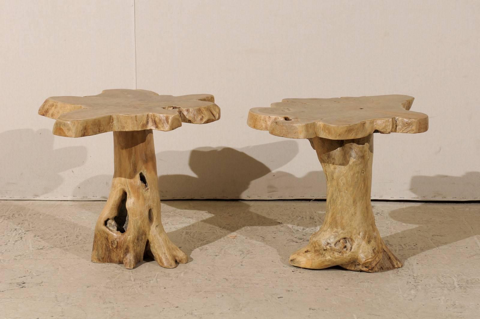 Indian Pair of Teak Root Drink or Side Tables with Natural Finish from India, Tan Color