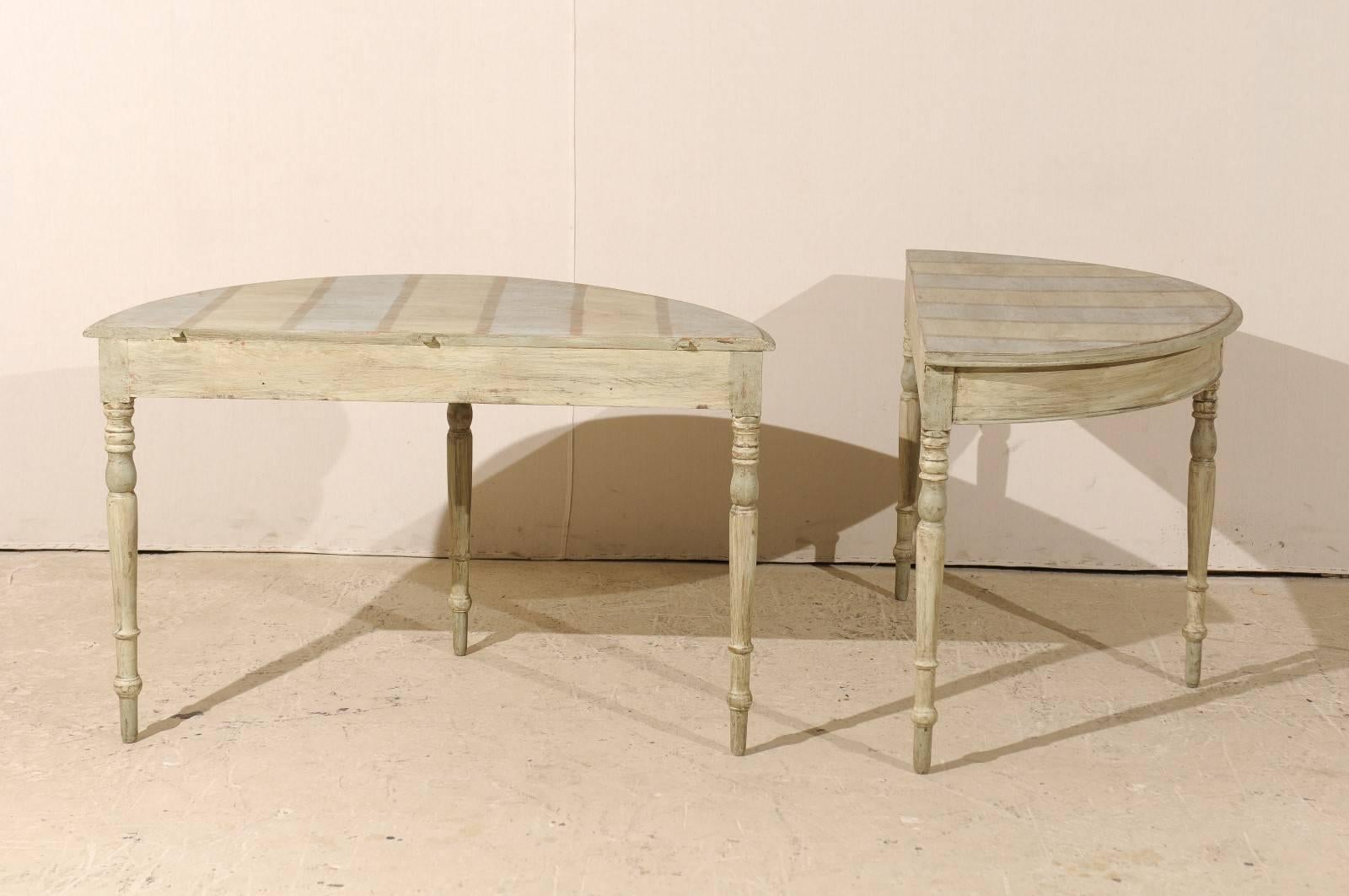 Wood Pair of Swedish Blue or Grey Demilune Console Tables from the 19th Century