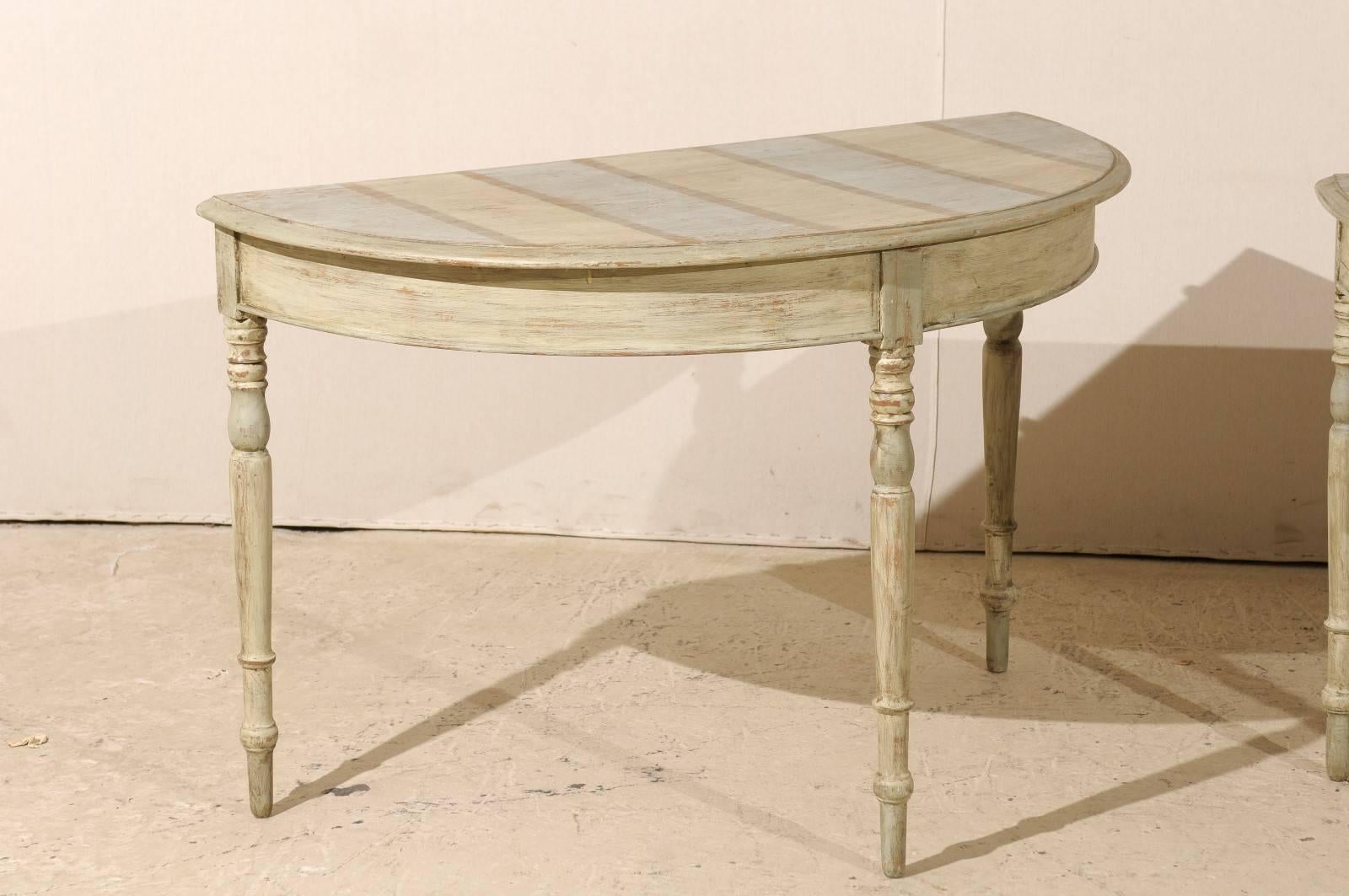 Pair of Swedish Blue or Grey Demilune Console Tables from the 19th Century 1