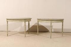 Pair of Swedish Blue or Grey Demilune Console Tables from the 19th Century