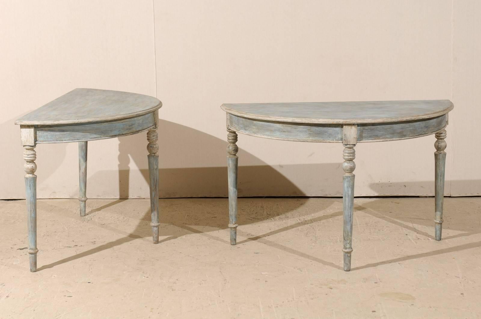 Pair of Swedish Painted Wood Demilunes in Blue, Grey and Beige Color 4