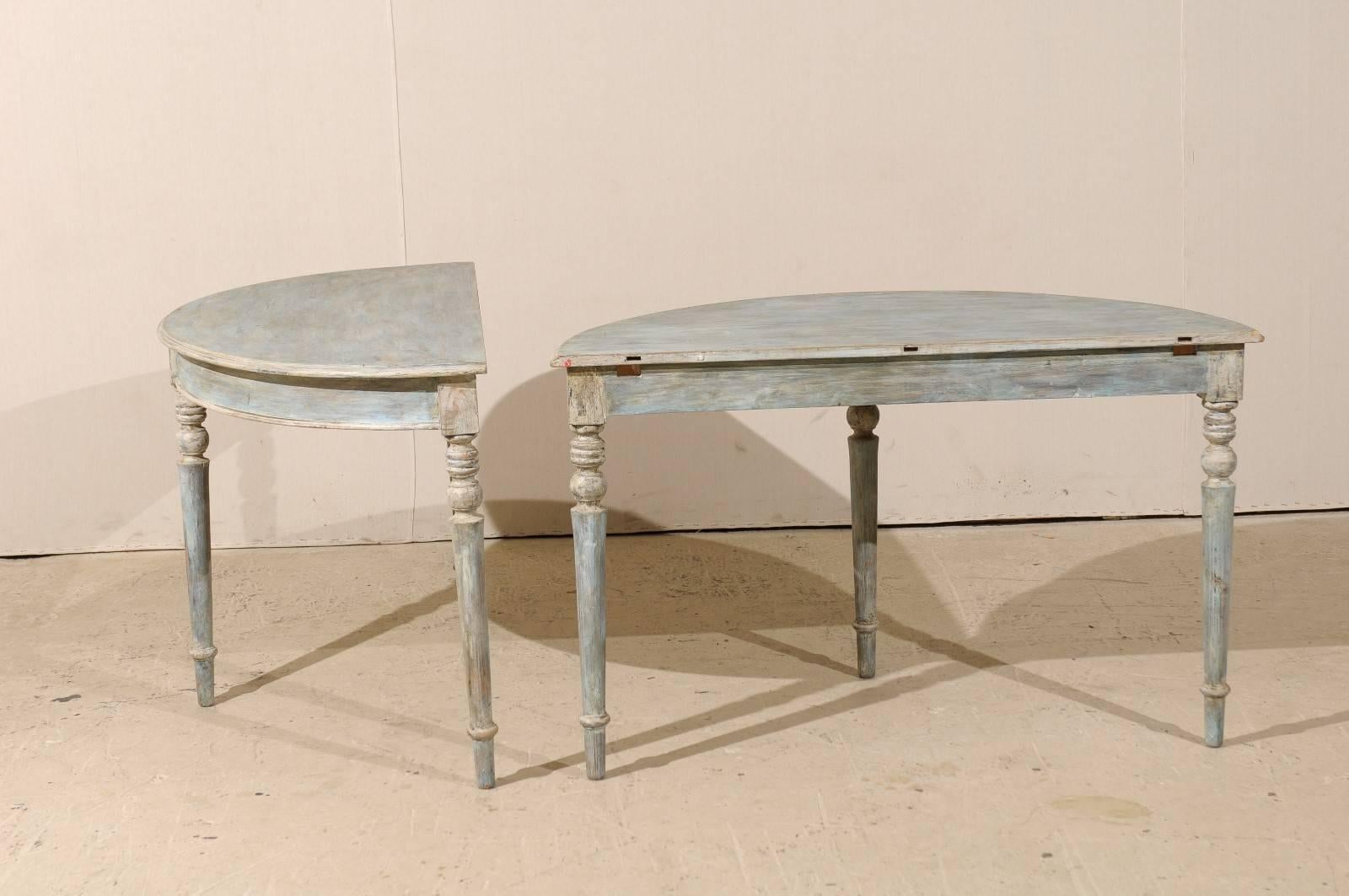 Pair of Swedish Painted Wood Demilunes in Blue, Grey and Beige Color 2
