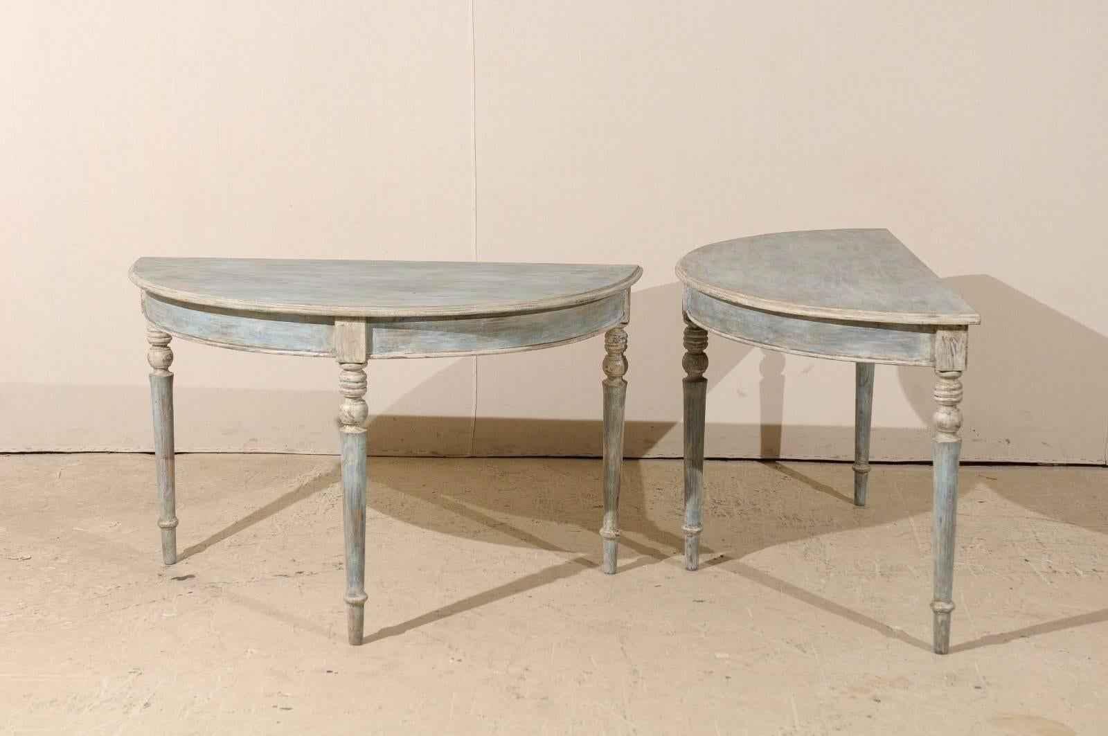 Pair of Swedish Painted Wood Demilunes in Blue, Grey and Beige Color 3