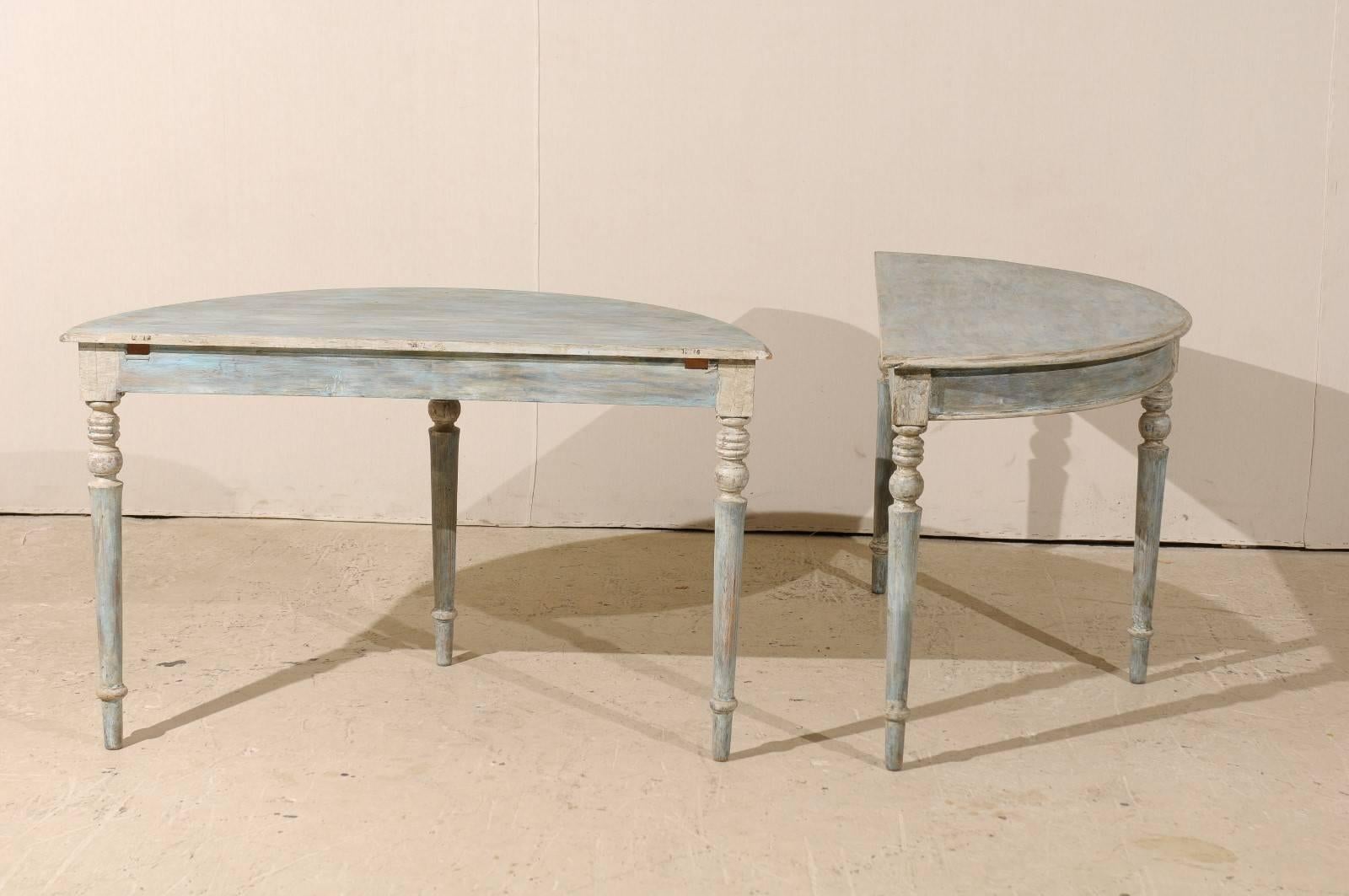 Pair of Swedish Painted Wood Demilunes in Blue, Grey and Beige Color 5