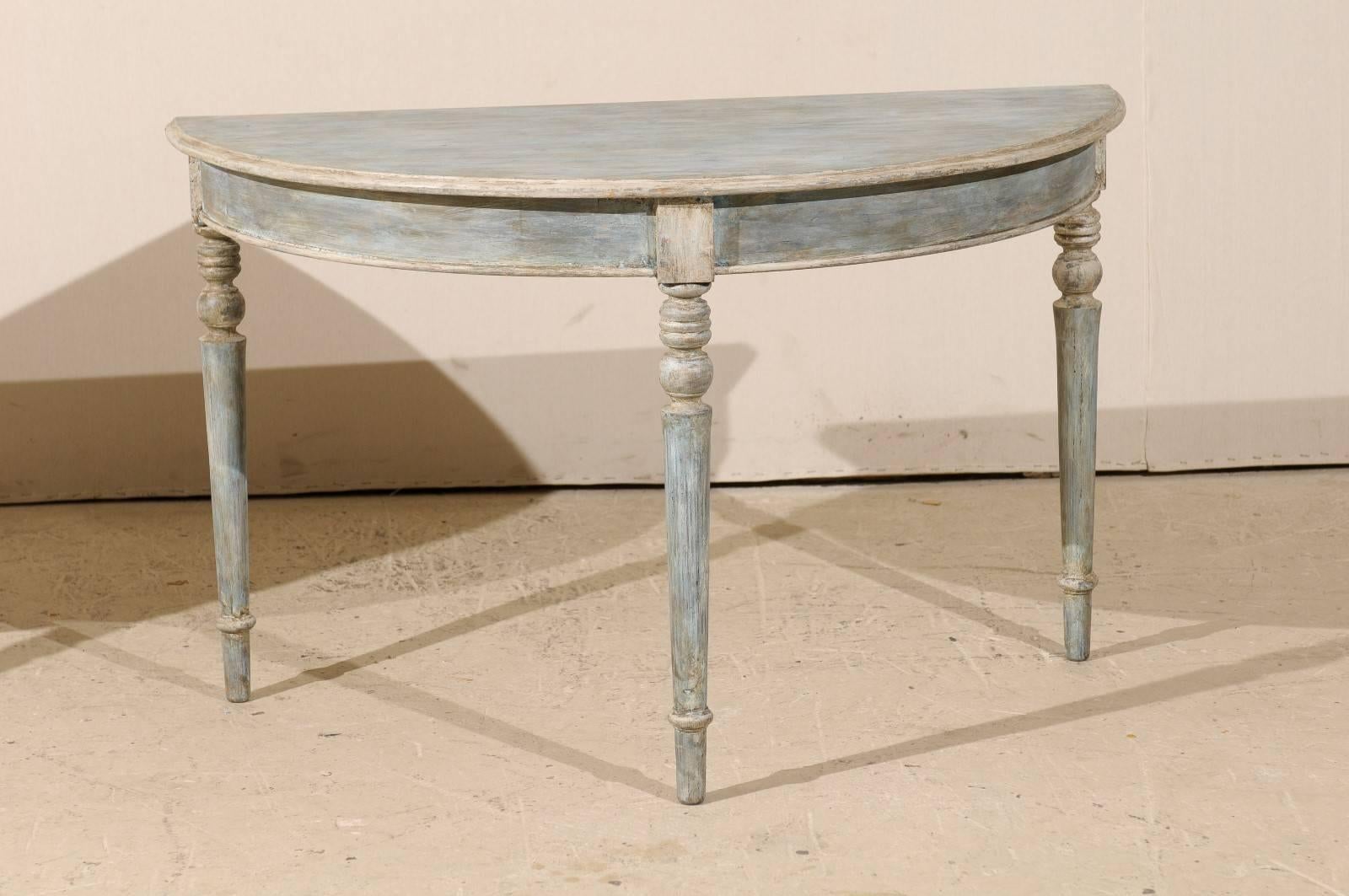 19th Century Pair of Swedish Painted Wood Demilunes in Blue, Grey and Beige Color