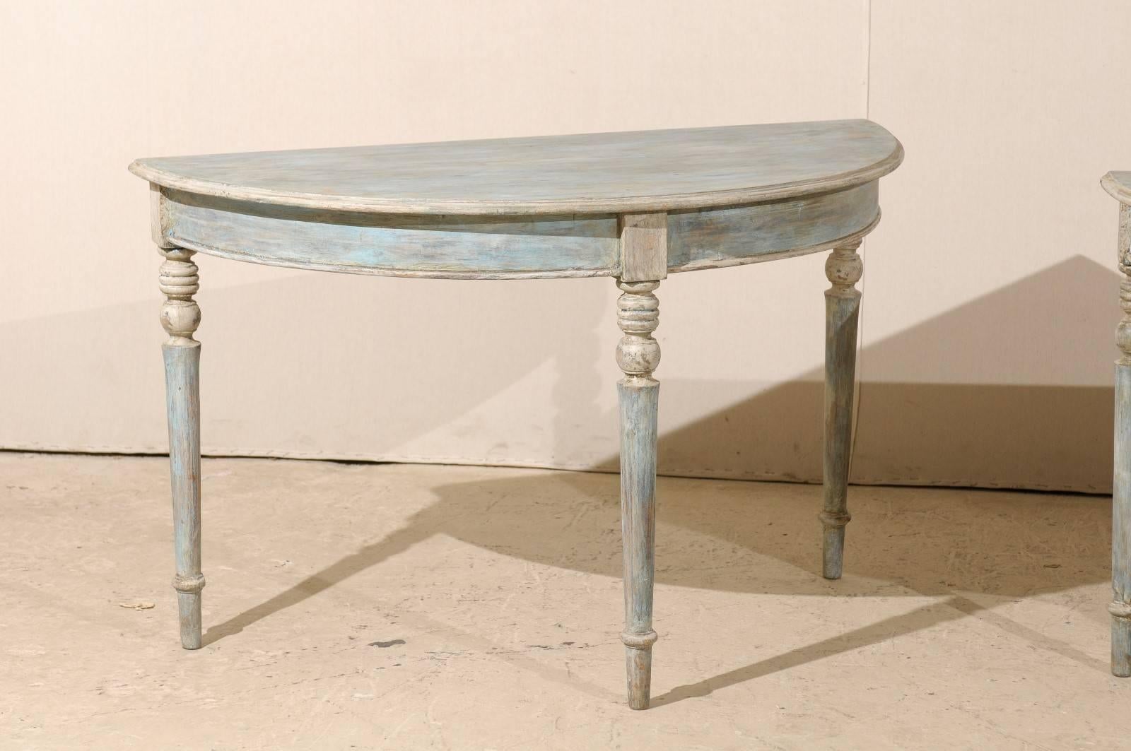 Pair of Swedish Painted Wood Demilunes in Blue, Grey and Beige Color 1