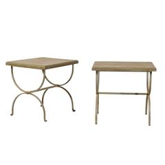 Pair of Metal / Wood Side Tables with Half Moon Shaped Legs & Grey-Green Color